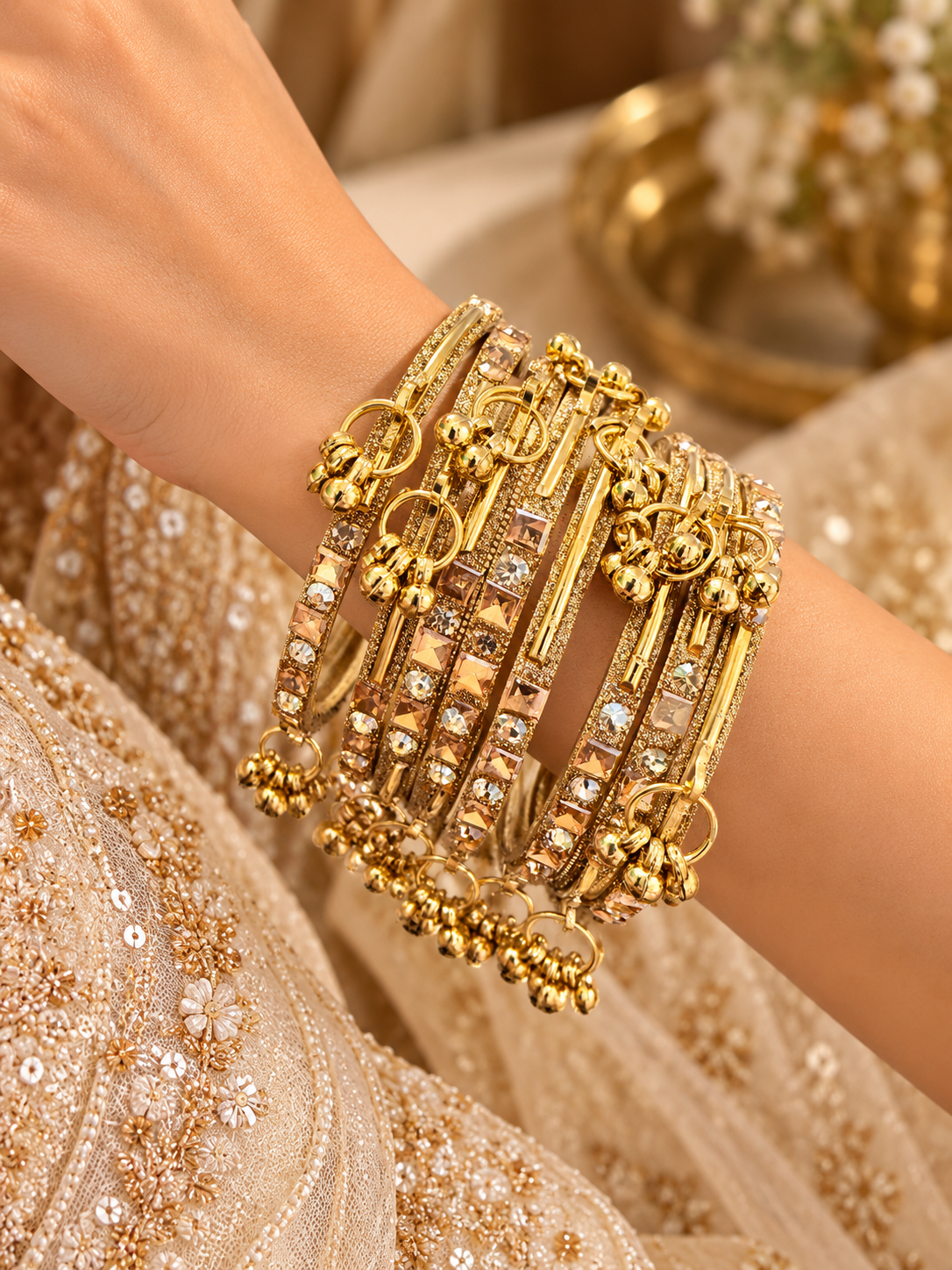 Golden Bridal Bangle Stack Close-Up